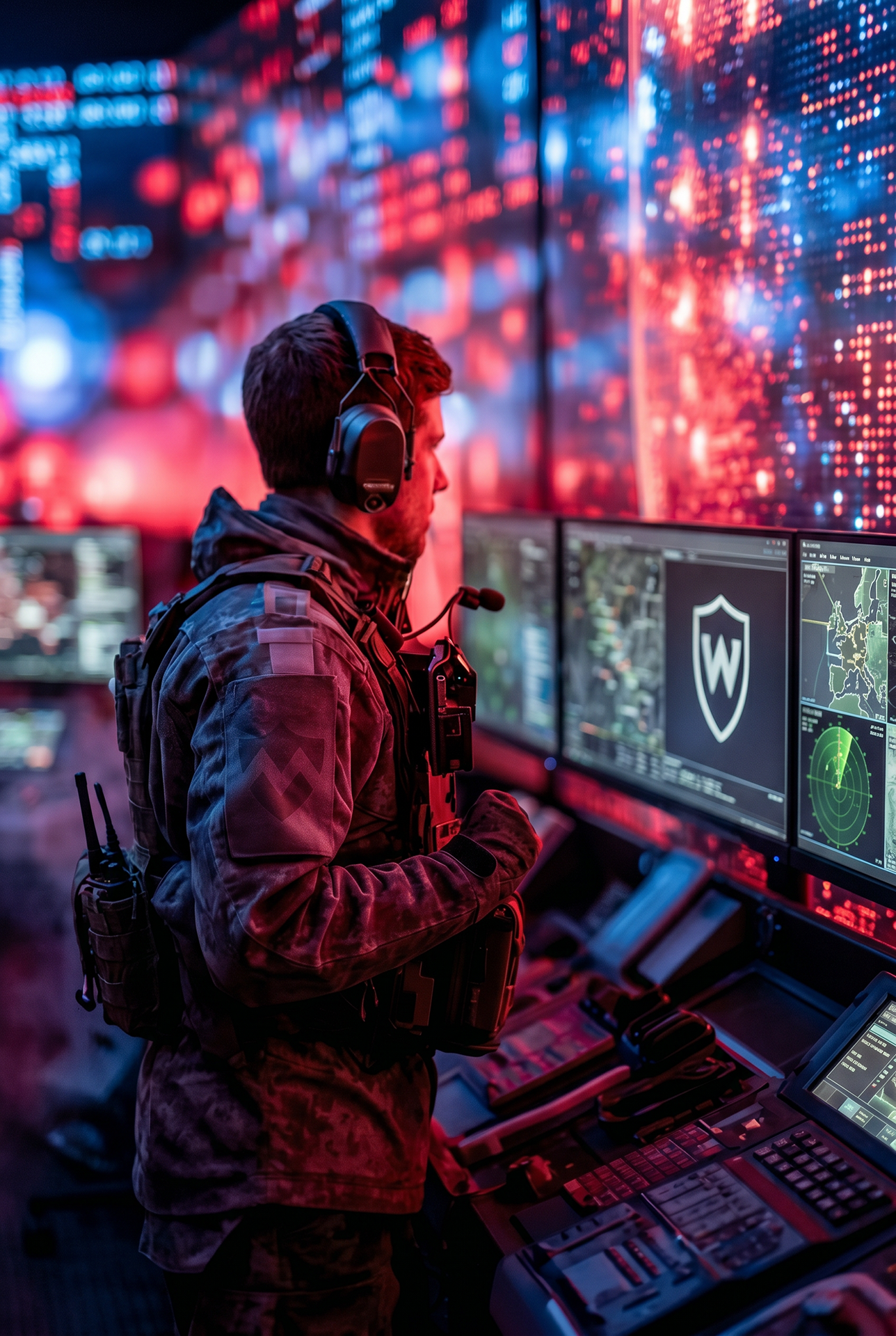 Opérateur en poste de contrôle devant plusieurs écrans de supervision cyber