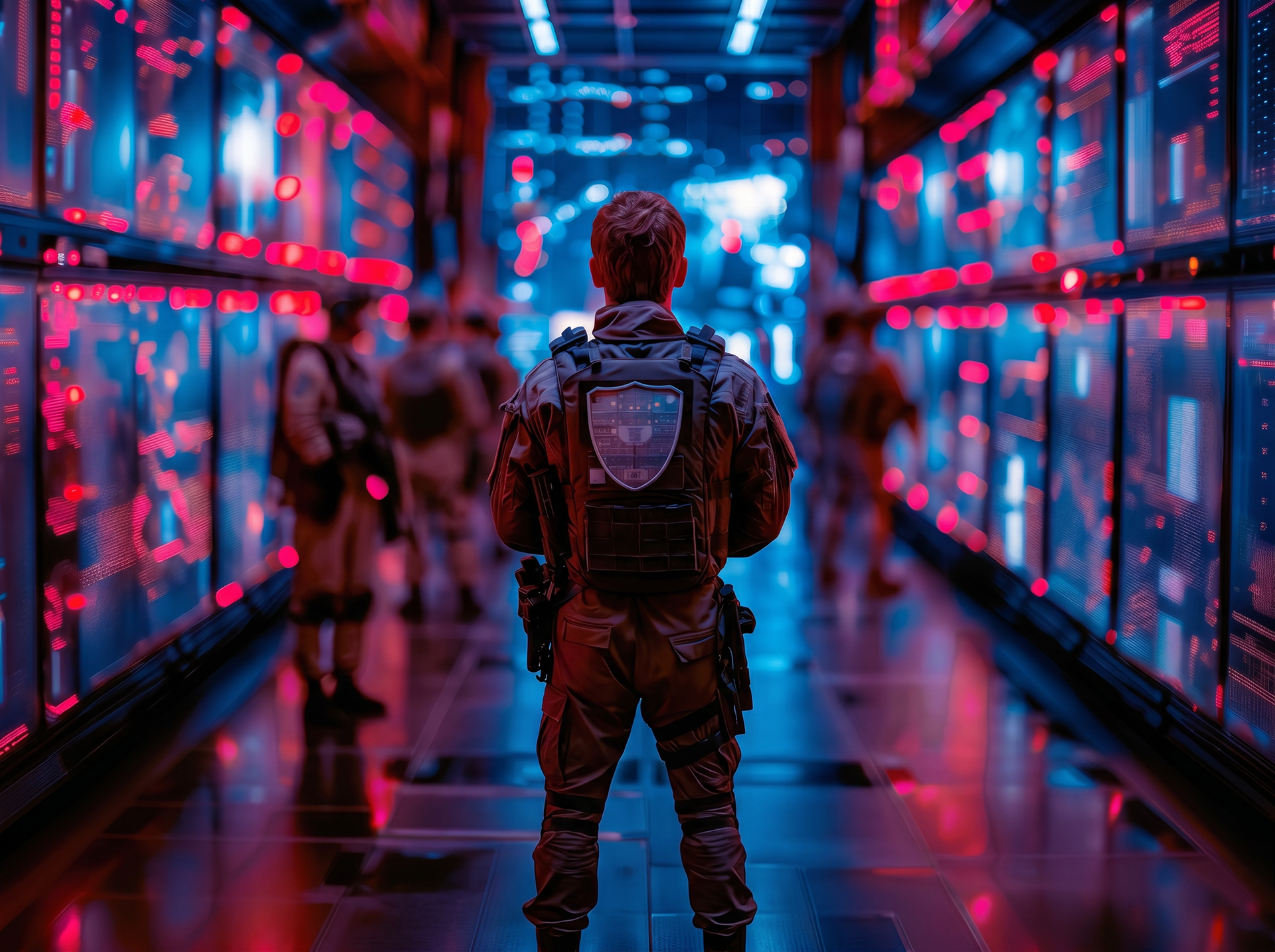 Soldat en tenue dans un couloir technique éclairé en rouge et bleu