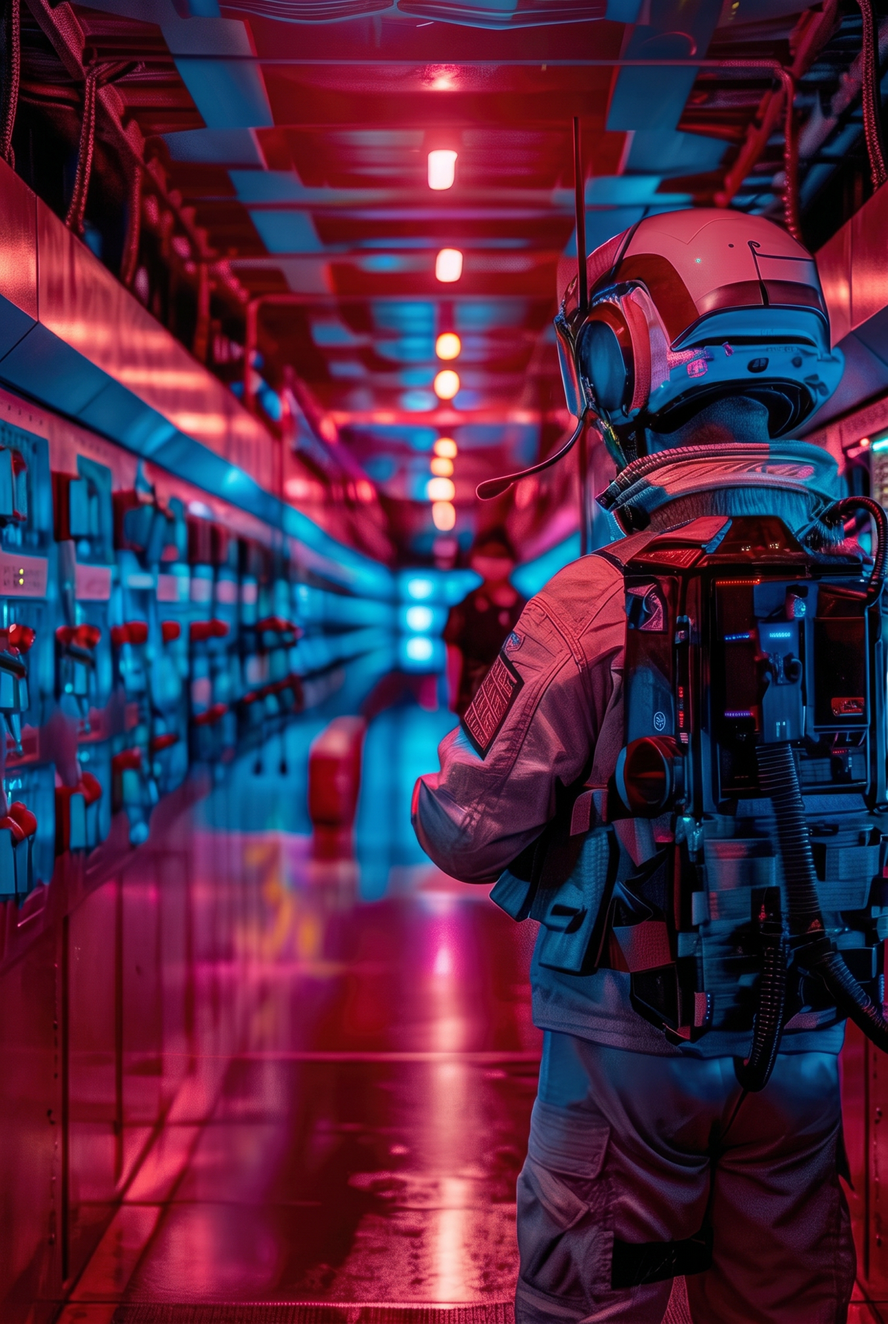Soldat équipé d’un matériel de communication dans un couloir de déploiement technique